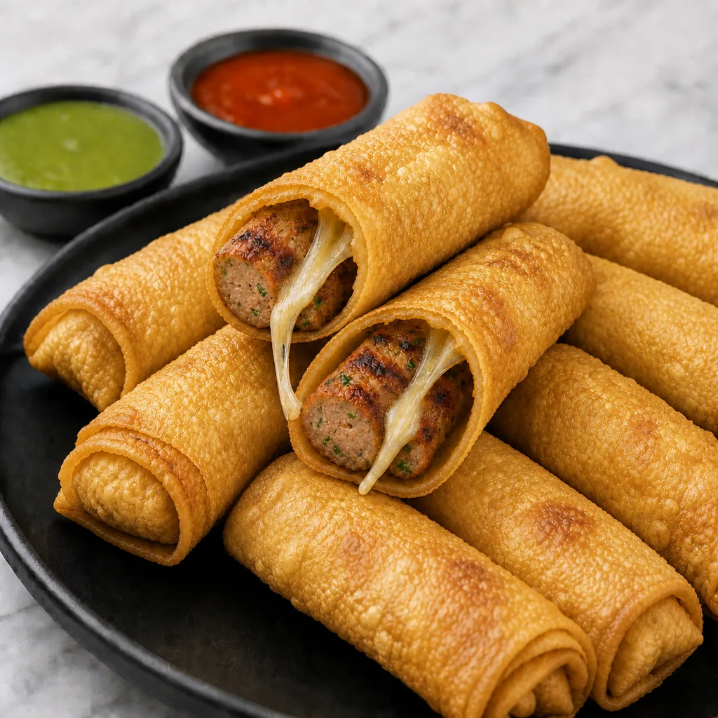 Golden cheesy kebab spring rolls with melted cheese and chilli sauce
